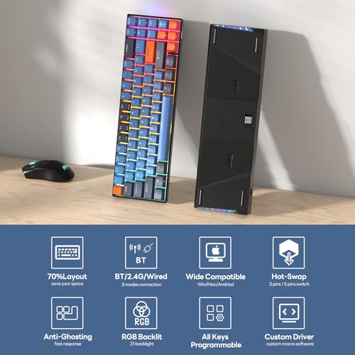 RK ROYAL KLUDGE RK71 Mechanical Gaming Keyboard, 70% Hot Swappable, 2.4G/Bluetooth/USB-C K65457