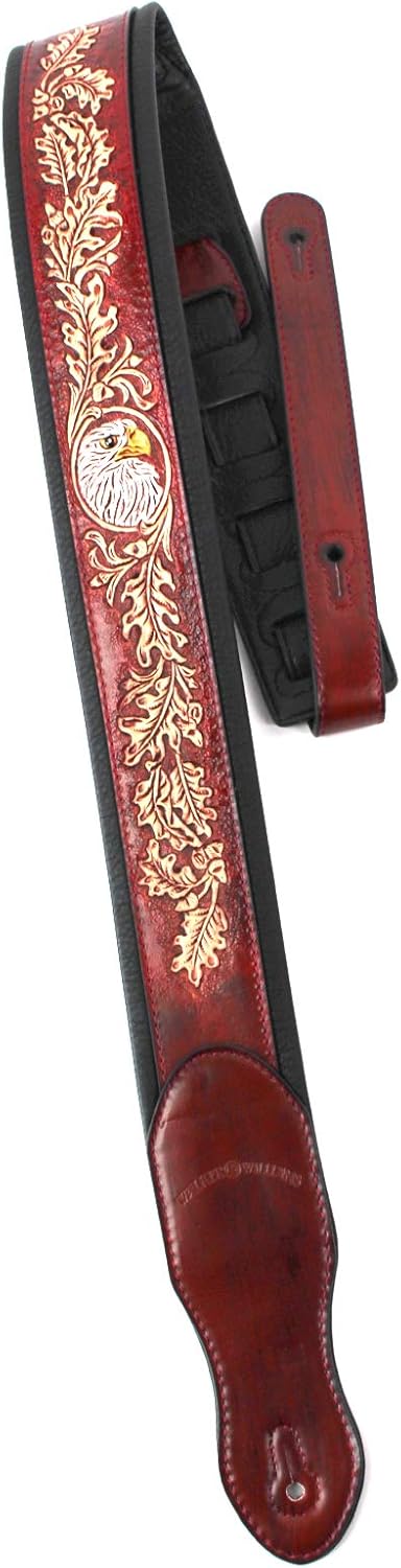 Walker & Williams KB-03-RB Mahogany Brown Full Grain Center Block Carved Leather Padded Guitar Strap With American Eagle & Oak Leaves For Acoustic, Electric, And Bass Guitars