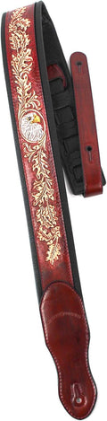 Walker & Williams KB-03-RB Mahogany Brown Full Grain Center Block Carved Leather Padded Guitar Strap With American Eagle & Oak Leaves For Acoustic, Electric, And Bass Guitars