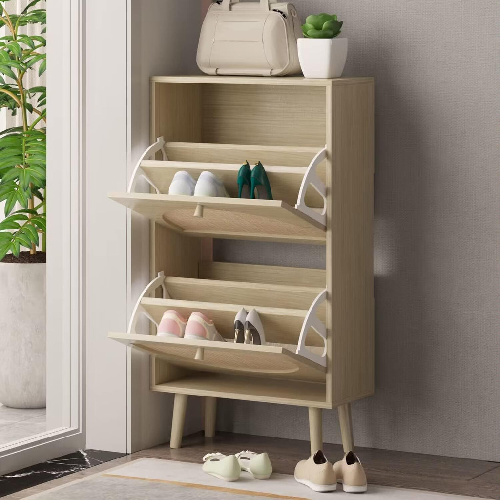 Slim Shoe Cabinet with 2 Flip-Drawers, Rattan Shoe Storage for Entryway C995817