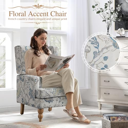 Simore Wingback Accent Chairs Set of 2, Floral Upholstered Armchair with Wood Legs, Blue W895616