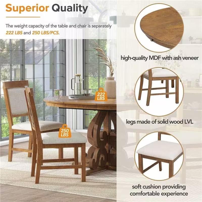 5-Piece Farmhouse Wood Dining Table Set with 4 Upholstered Chairs, Brown R402