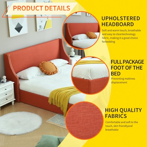 Queen Size Hydraulic Lift Bed with Wing Back Headboard, Ocher S368091