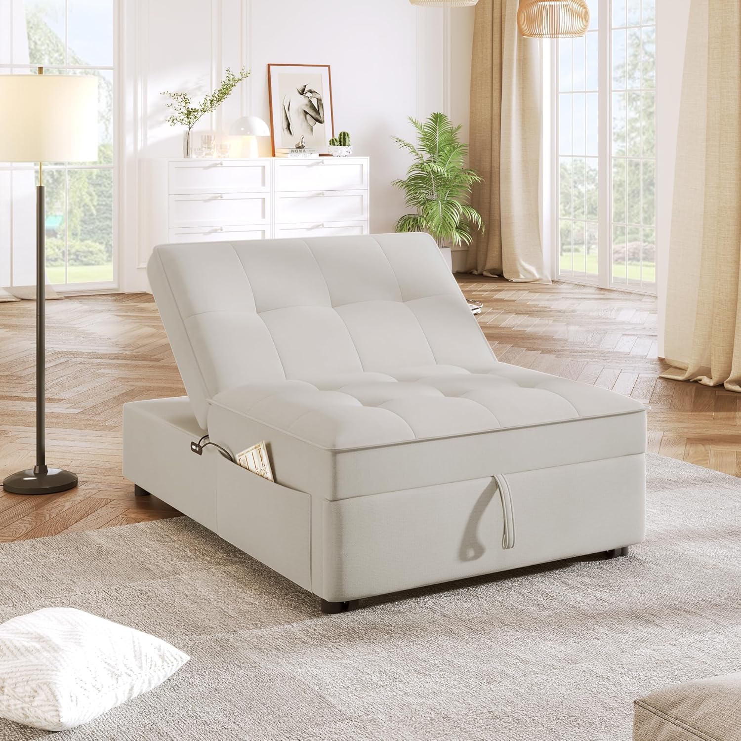 CHARMMA 4-in-1 Sofa Bed Folding Ottoman with Storage Pocket and USB Port, White S909686