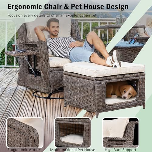Outdoor Patio Furniture Set with Pet House and Rattan Swivel Rocking Chairs I416112