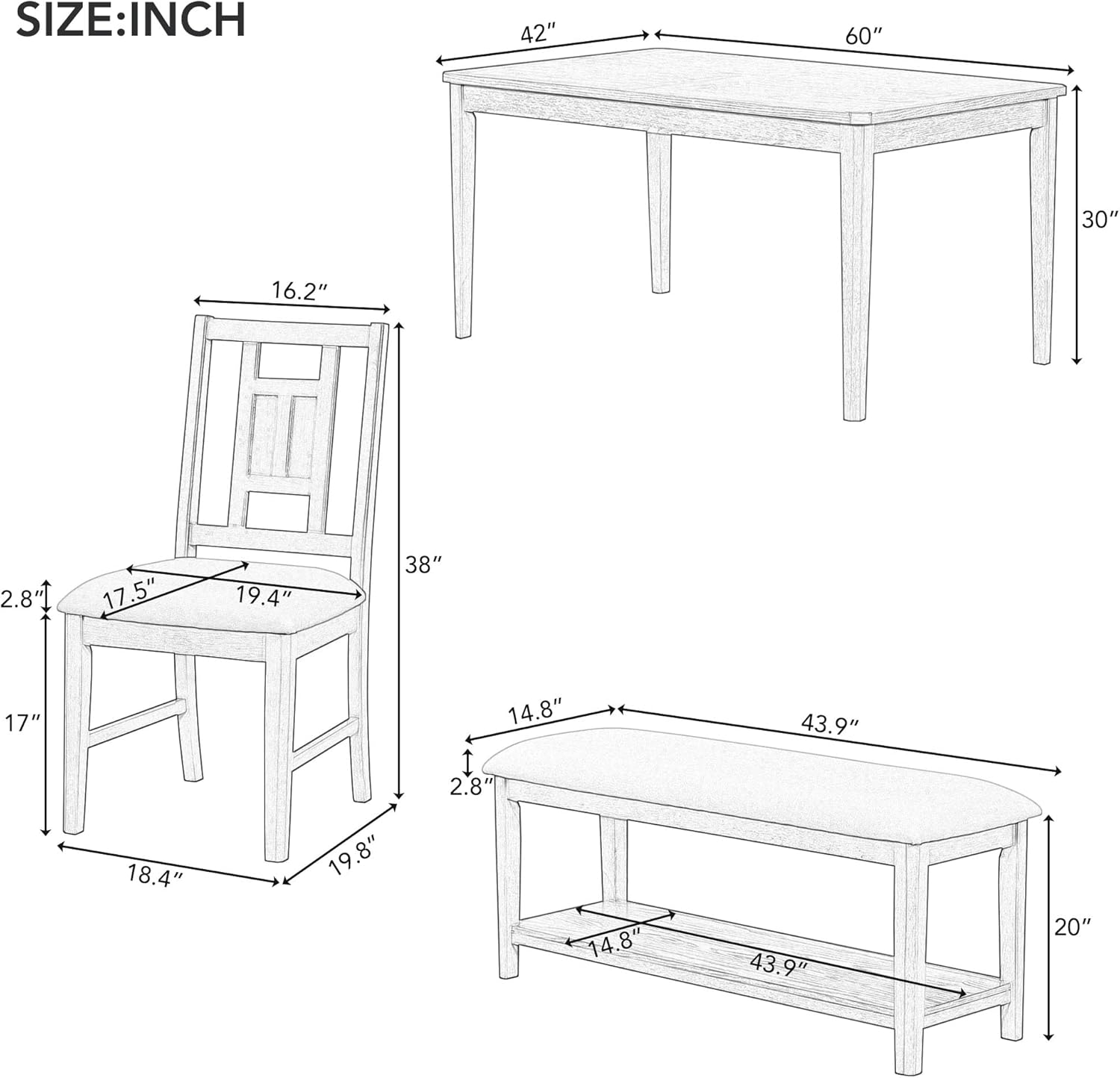 Retro 6-Piece Dining Table Set with 4 Upholstered Chairs and Bench, Solid Wood, Dark Gray Y1797