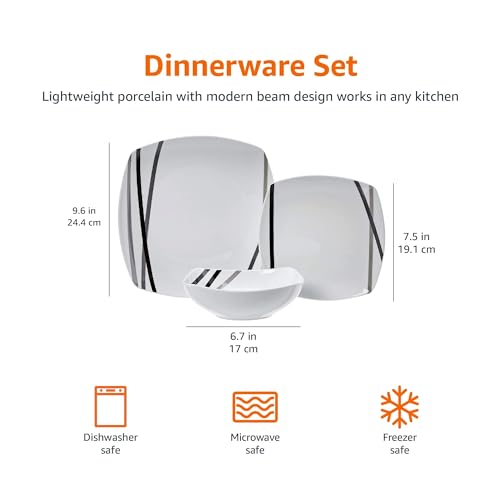 Amazon Basics 18 Piece Kitchen Dinnerware Set, Square Plates and Bowls, Service for 6 S391