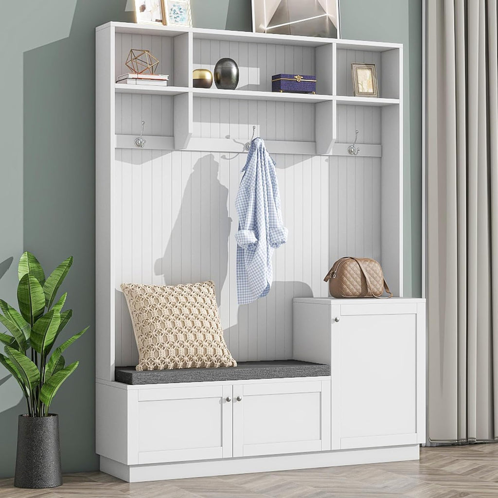 Entryway Hall Tree with Cushion Bench, Shoe Storage Cabinets, 3 Shelves and Hooks, 4-in-1 Elegant Design Coat Rack for Hallway, White