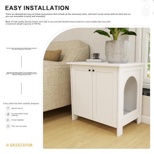 Cat Litter Box Furniture with Removable Divider, Wooden Cat House (White) D8688