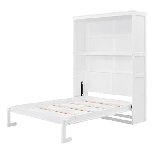 Queen Murphy Bed Folded to Wall Wooden Cabinet Bed with Cushion, White C177
