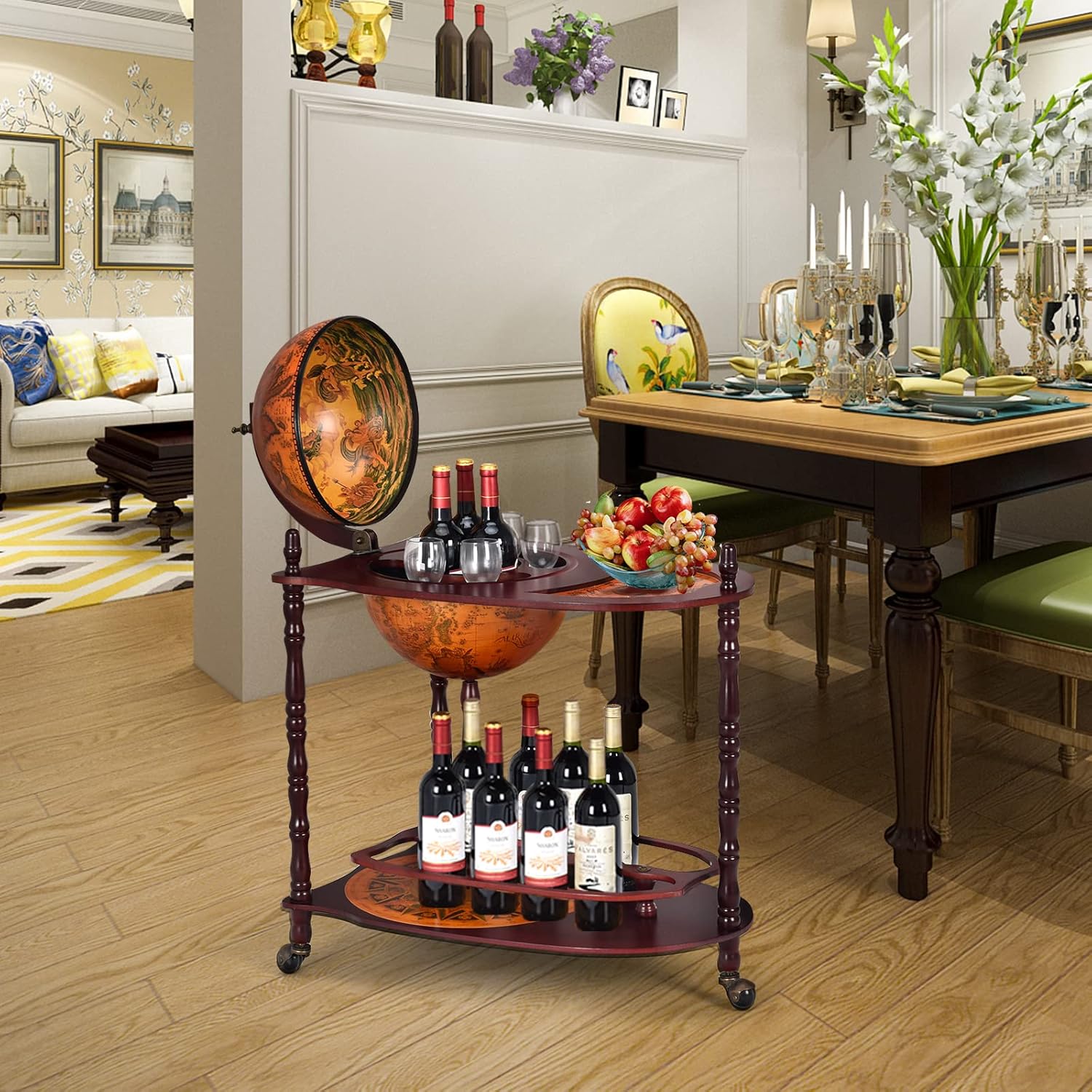 Goplus Globe Bar Liquor Cabinet with Wheels F67900