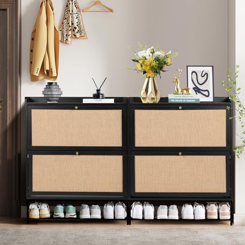 LEVNARY Shoe Cabinet Set of 2, Wooden Narrow Shoe Racks with 2 Flip Drawers, Walnut U726126