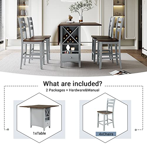 5-Piece Counter Height Wood Dining Table Set with Drop Leaf and Wine Rack J4100