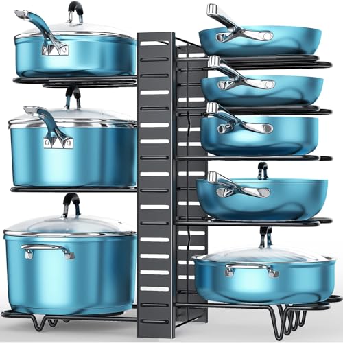 ORDORA Pots and Pans Organizer: Rack for Cabinet, 8-Tier Heavy Duty 120LBS Pots Pans Organizer Rack under Cabinet Adjustable for Dutch Ovens, Cast-iron Pans, Heavy Skillets Griddles, Shallow Pots