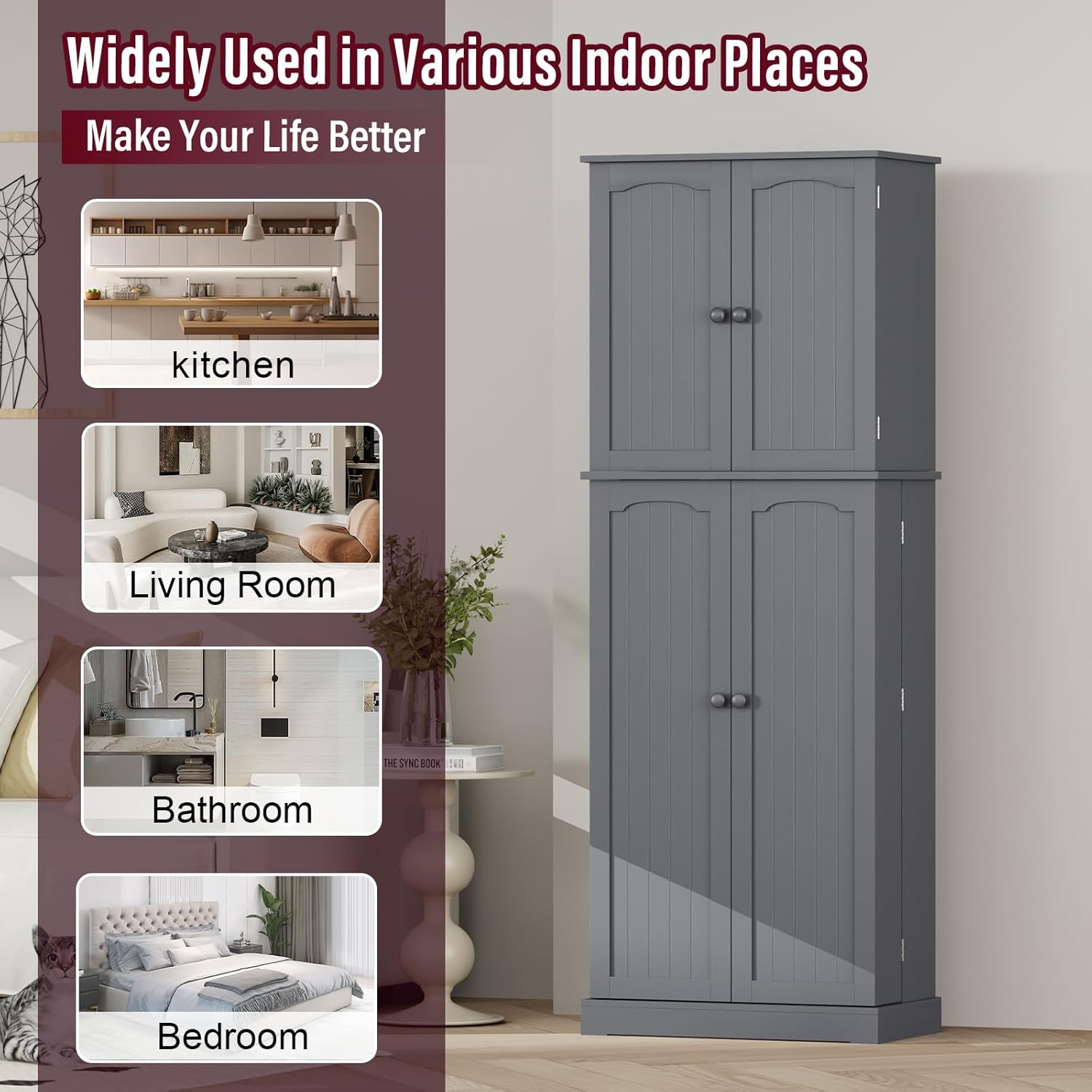 HOME BI 64" Kitchen Pantry Cabinet with Doors and Shelves, Gray Z47661
