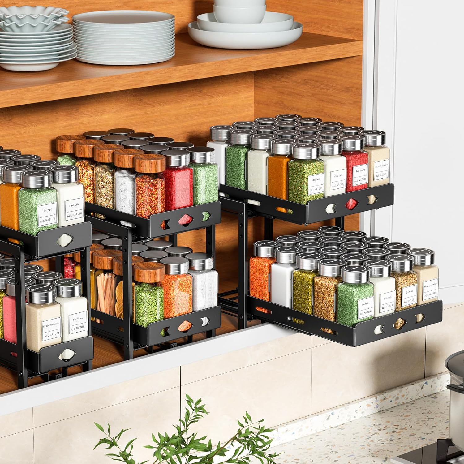 RCHYFEED 2-Tier Pull Out Spice Rack Organizer for Cabinet, Black A60971