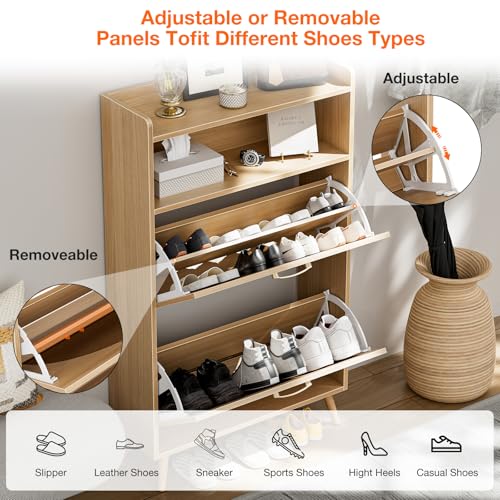 LED Rattan Shoe Storage Cabinet with 2 Flip Drawers, Narrow Wood for Entryway G427963