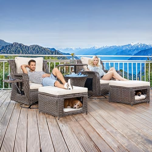 Outdoor Patio Furniture Set with Pet House and Rattan Swivel Rocking Chairs I416112