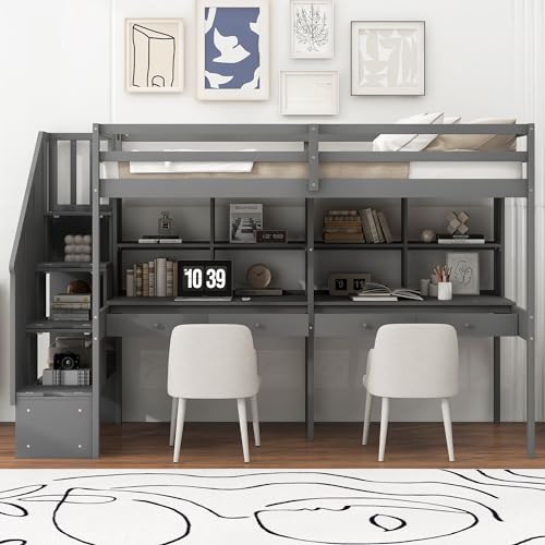 Full Size Loft Bed with Desk, Wardrobe and Storage Drawers, Gray N7914