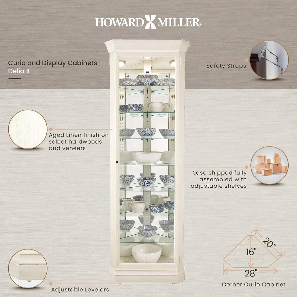 Howard Miller Marlowe IV Corner Curio Cabinet, Aged Linen Finish, Four Glass Shelves U552