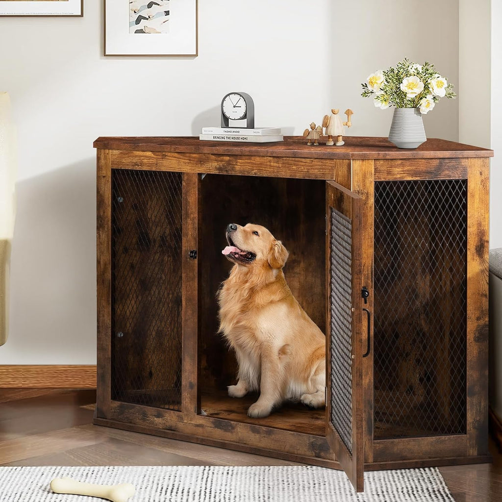 PUKAMI Corner Dog Crate Furniture 44/52 inch Wooden Dog Kennel with Mesh J532184