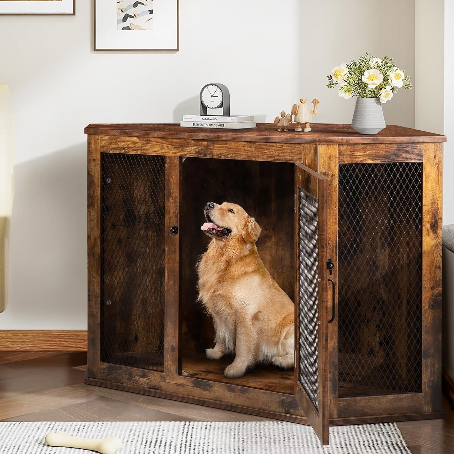 PUKAMI Corner Dog Crate Furniture 44/52 inch Wooden Dog Kennel with Mesh J532184