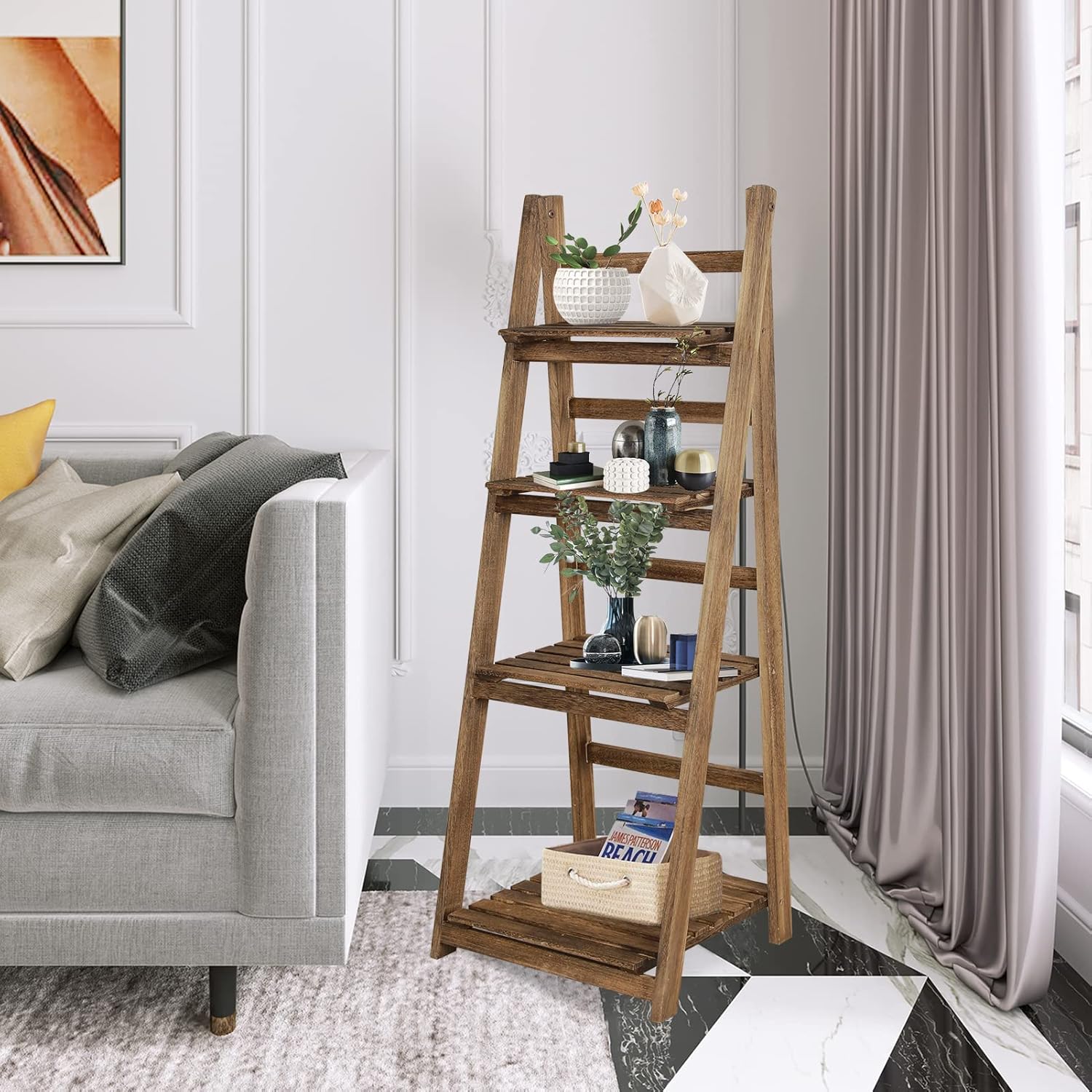 Babion 4 Tier Ladder Shelf, Industrial Bookcase, Light Brown P810354