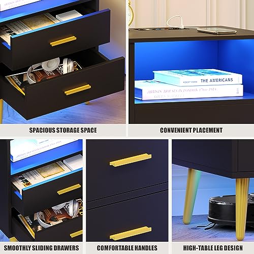 Nightstand Set of 2 with Charging Station and LED Light, Wood Bedside Table with 2 Drawers, Grey T490