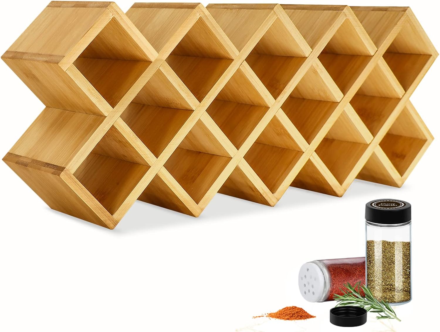 Bamboo Criss Cross Spice Rack Organizer for Cabinet, Wood Seasoning Rack Spice Organizer Holder, 18-Jar Spice Rack Tower Spice Storage Organizer for Kitchen Countertop Drawer-Jars Not Include