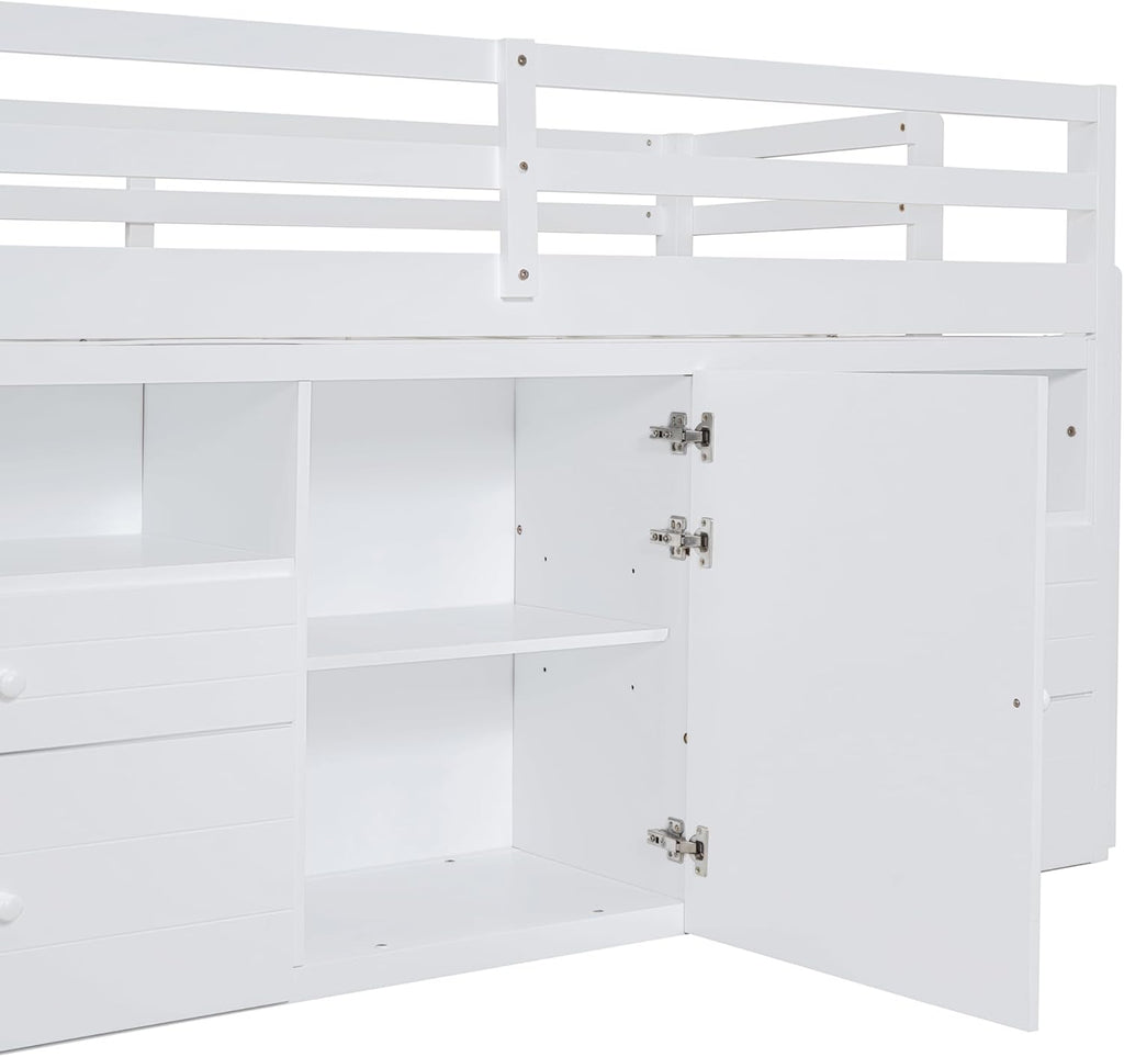 Twin Size Kids Loft Bed with Storage, Wooden Frame with Drawers and Ladder, White Q147