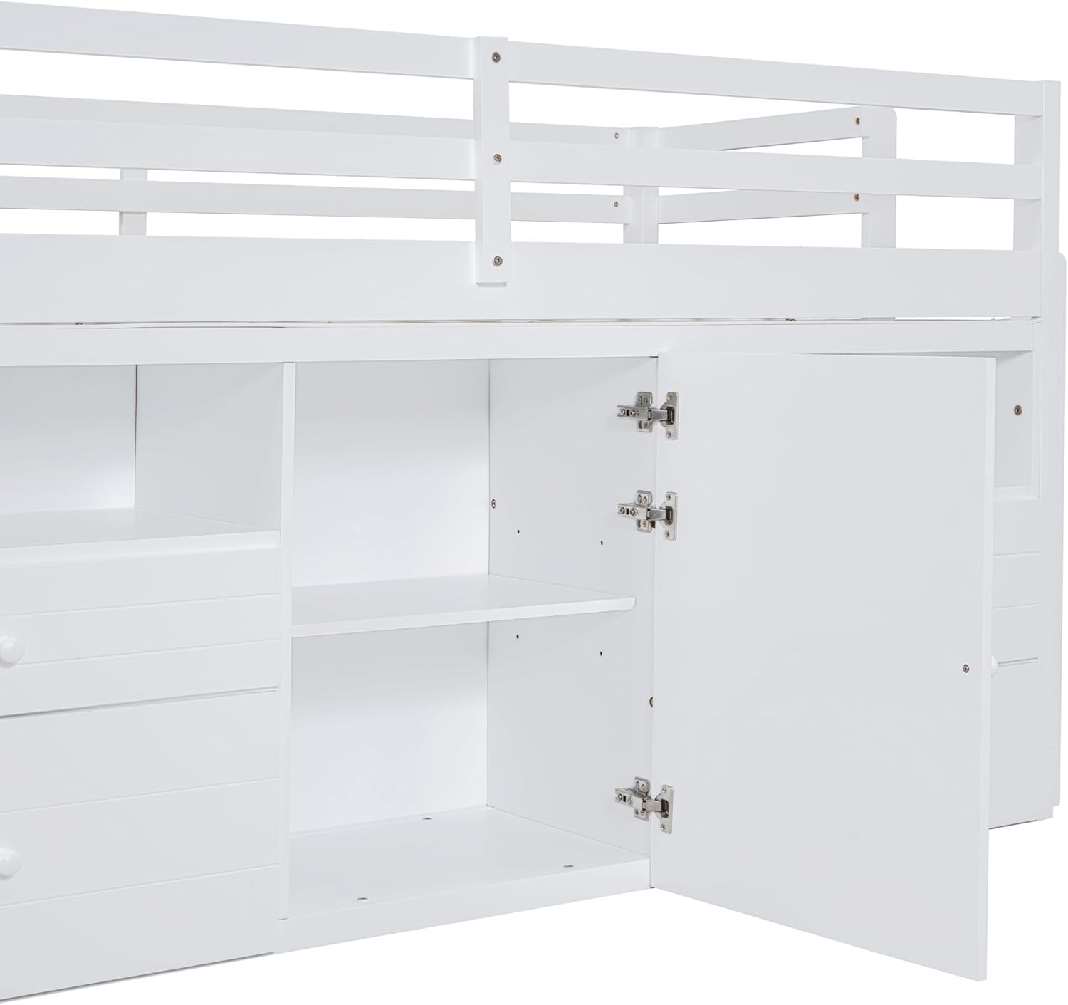 Twin Size Kids Loft Bed with Storage, Wooden Frame with Drawers and Ladder, White Q147