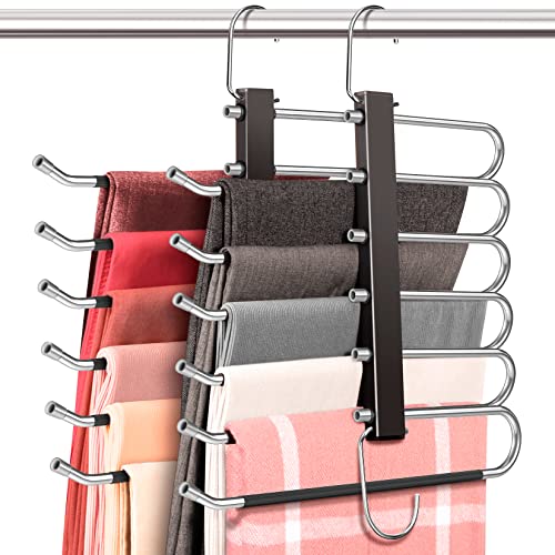 4 Pack 6-Tier Space Saving White Pant Hangers, Anti-Slip, Lightweight, Stainless Steel, Ideal for Closet Organization, Free Installation
