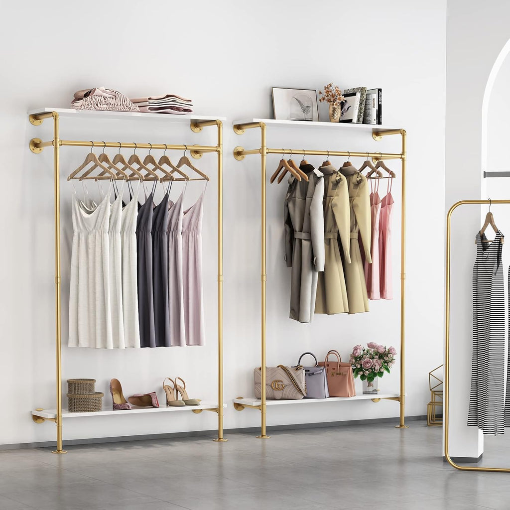 HOMEKAYT Industrial Wall Mounted Clothing Rack with 2-Tier Wooden Shelves, Gold Y32039