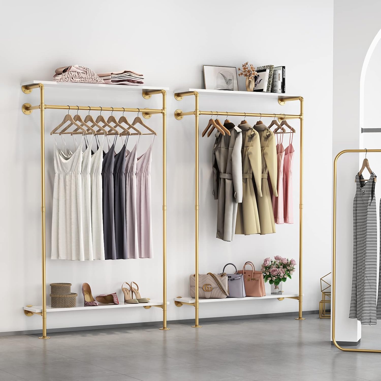 HOMEKAYT Industrial Wall Mounted Clothing Rack with 2-Tier Wooden Shelves, Gold Y32039