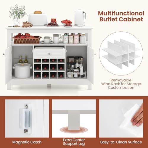 Giantex Bar Cabinet with Storage, 12-Bottle Wine Rack, 2 Doors & Drawer, White B390619
