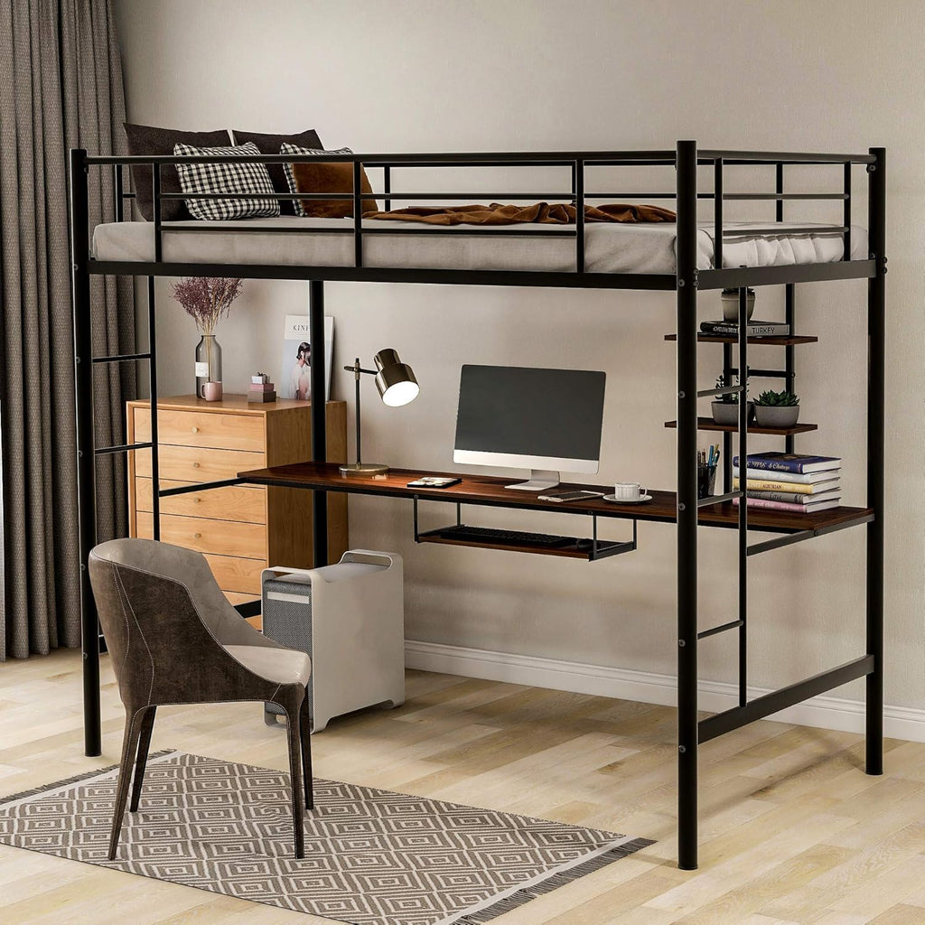 MERITLINE Metal High Loft Bed, Twin Study Loft Bed with Desk and Storage Shelf, Safety Rail and Ladder, Loft Bed for Children (Black with Keyboard Tray)