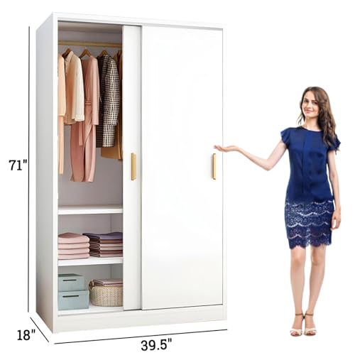 Armoire Wardrobe Closet with Sliding Door, Freestanding with Shelves & Hanging Rods, Natural S329961