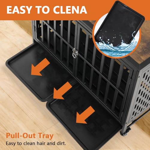 LUCKUP Heavy Duty Dog Crate Furniture for Medium Large Dogs, Indoor Kennel with Trays, Lockable Wheels, 42 inch Black N937