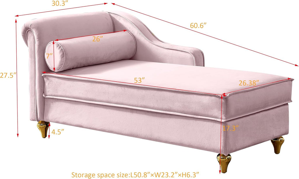 Modern Upholstered Chaise Lounge Chair with Storage, Velvet, Gold Metal Legs, Pink P94677