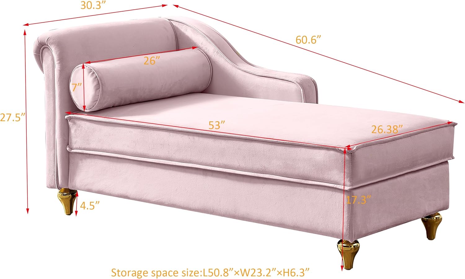 Modern Upholstered Chaise Lounge Chair with Storage, Velvet, Gold Metal Legs, Pink P94677