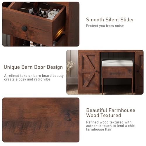 Farmhouse Vanity Desk with Outlet & Stool, White LED Makeup Vanity Set J721107