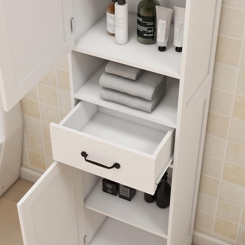 Narrow Height Slim Floor Standing Cabinet with Open Shelves and Drawer Y6067