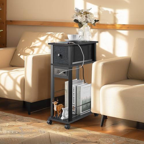 Side Table with Charging Station and Drawer, Narrow End Table with USB Ports, Black F62344