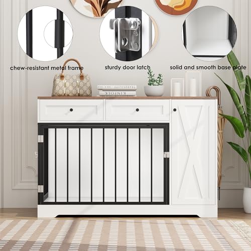 Wooden Dog Crate Furniture with Double Doors and Storage Cabinet for Small Medium Dogs, White H121