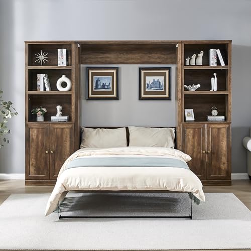 Modern wooden Murphy Bed,Cabinet Bed Folding Wall Bed, Perfect for Guest Room, Study, Office.Save bedroom space,No spring Box Required (Brown@073, Queen)
