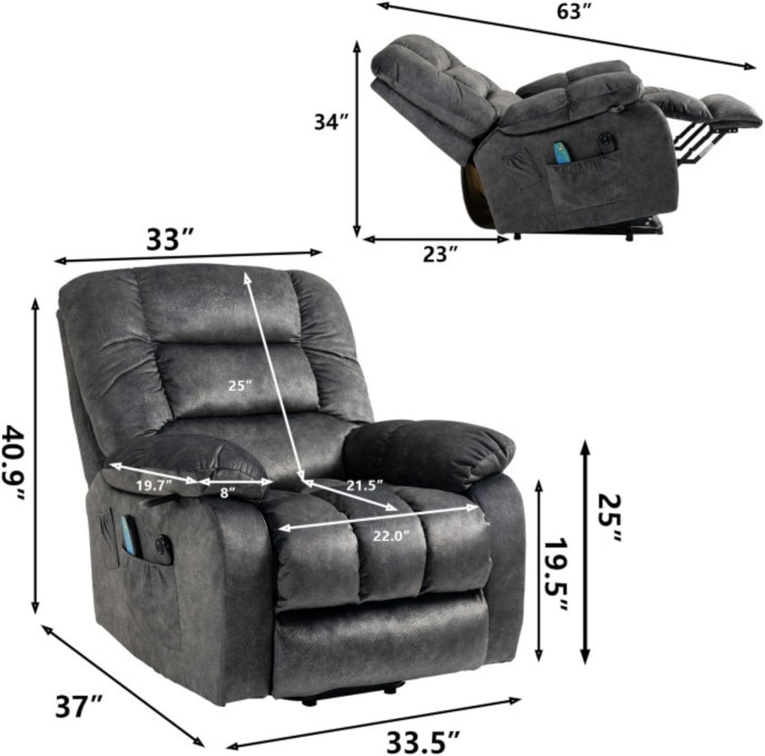 Large Fabric Power Lift Recliner Chair for Elderly with Heat and Massage E672690