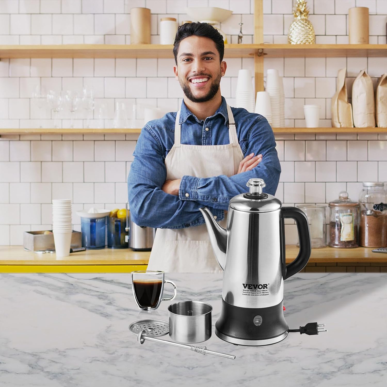 VEVOR Electric Percolator Coffee Pot 12-Cup, 304 Stainless Steel, 1000W V655614