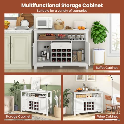 Giantex Bar Cabinet with Storage, 12-Bottle Wine Rack, 2 Doors & Drawer, White B390619