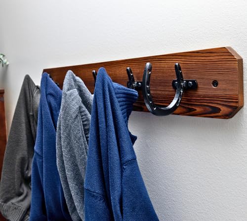 Rustic Wall Mount Coat Rack with Horseshoe Hooks, 36.5" Wooden, Brown and Black Z36334