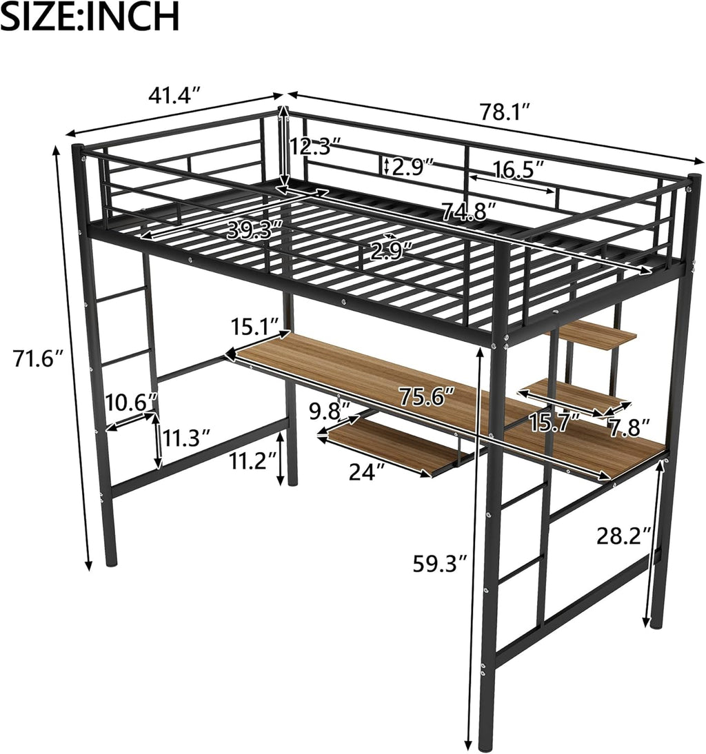 MERITLINE Metal High Loft Bed, Twin with Desk and Storage Shelf, Black J431
